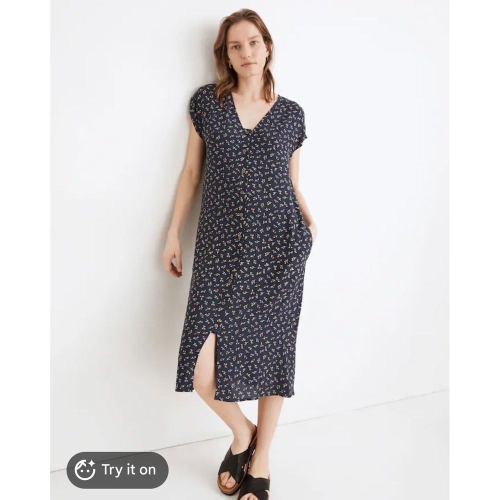 Madewell Navy Blue Floral Button Front Midi Dress Womens Small